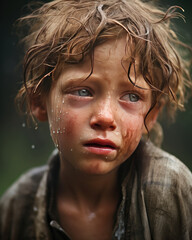 A terrified child in a war-ravaged village