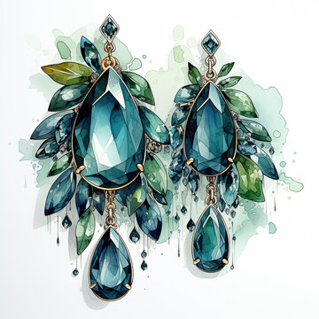 teal gemstone earrings watercolor style clip art preview