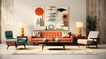 Sunny mid century style interior living room design with abstract art in the background - obrazy, fototapety, plakaty