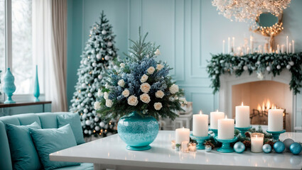 A room decorated for Christmas or New Year. Beautiful festive interior in blue tones