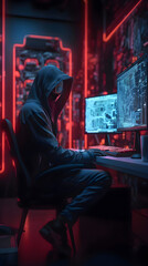 Hooded computer hacker sitting in front of computer monitor in dark room