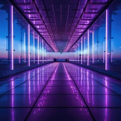 A long airport walkway with purple lights in the middle of it. Generative AI.