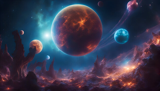Fantasy space scene with planets. stars and galaxies. 3d rendering