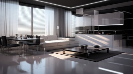 Fototapeta na wymiar Minimalist style interior design of modern living room and kitchen with black and white furniture