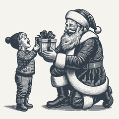 Santa Claus Presenting a Gift to an Excited Toddler - Full-Body Woodcut Illustration