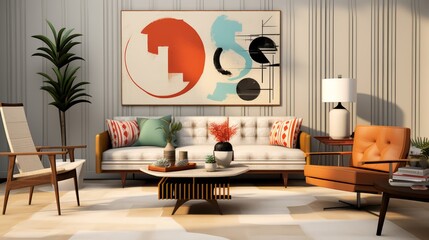 Sunny mid century style interior living room design with abstract art in the background