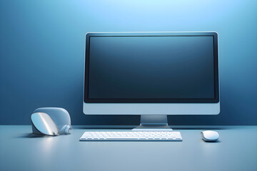 Computer with blank screen and mouse on blue background. 3D Rendering
