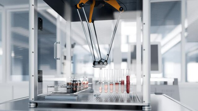 In-vitro beef meat production in test tubes with robotic arm &ndash; conceptual science video, 3D render