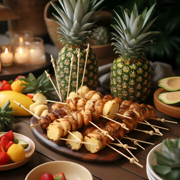 Pineapple Skewers With Pineapple And Melon On Wooden Table