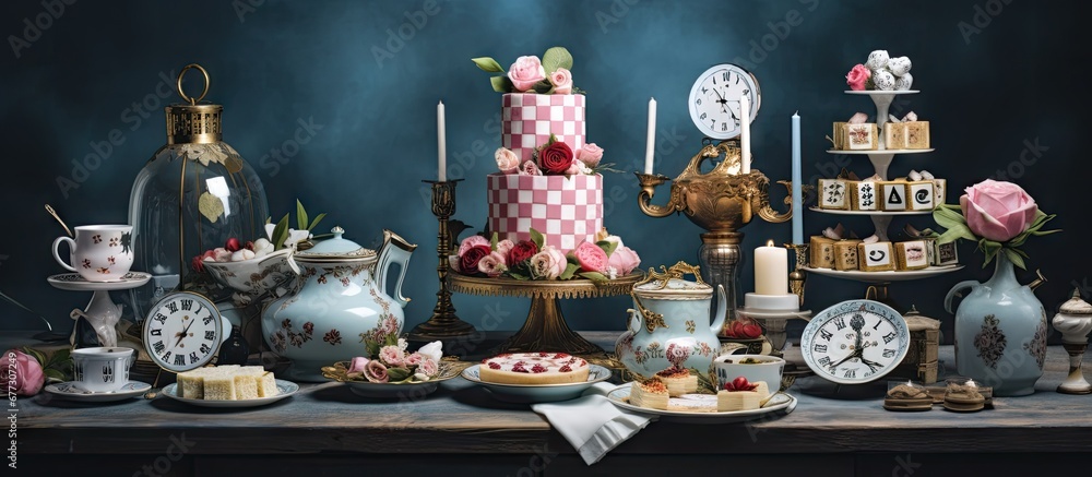 Poster alice in wonderland inspired desserts copy space image place for adding text or design