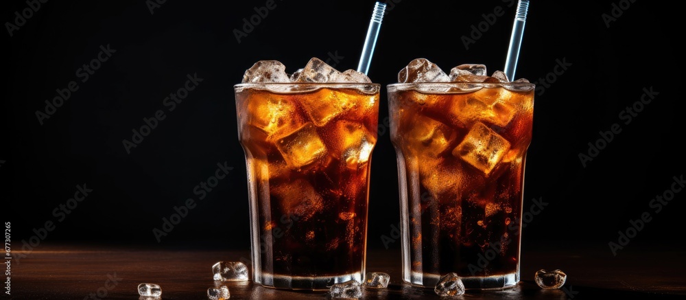Poster chilled coffee with metal straw on dark backdrop copy space image place for adding text or design