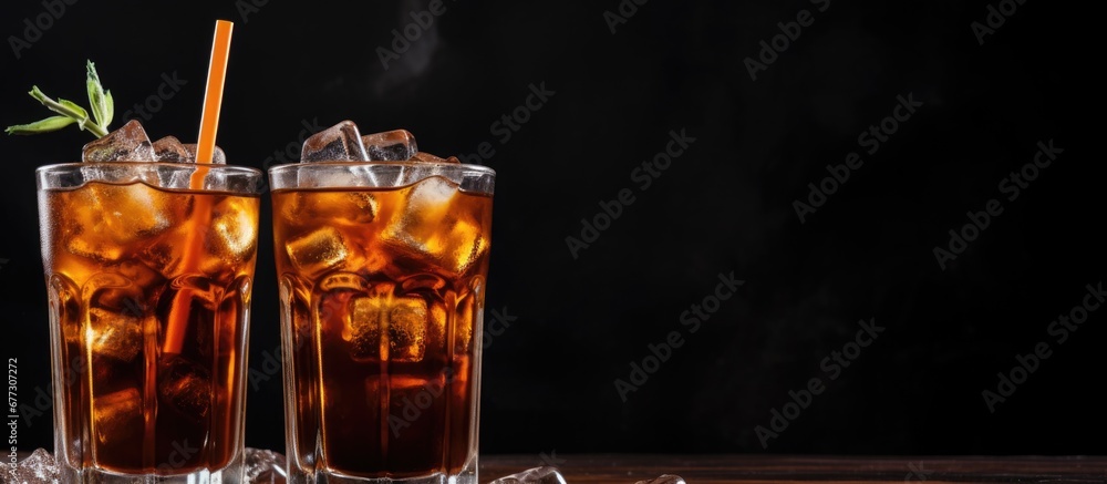 Poster chilled coffee with metal straw on dark backdrop copy space image place for adding text or design