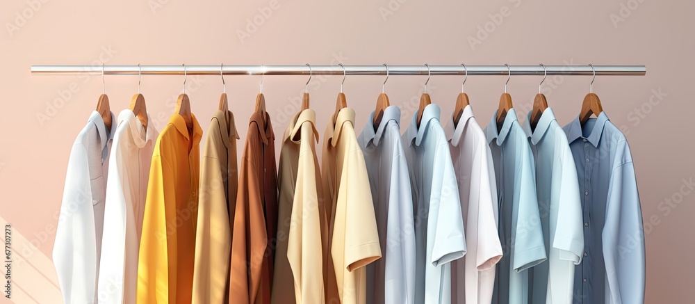 Poster closeup of clothes on light background after being dry cleaned and hung on a rack copy space image p