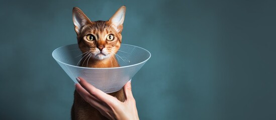 A responsible owner uses a cone on a blue Abyssinian cat for protection and healing vet recommended care promotes fast recovery Pet care and veterinary for healthy animals Copy space image Plac - obrazy, fototapety, plakaty