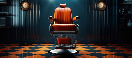 Barber chair with emblem backdrop idea Copy space image Place for adding text or design