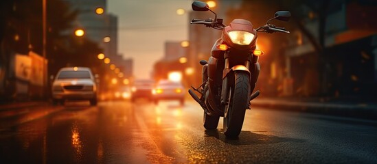 Cars and motorcycles on dimly lit road at night Copy space image Place for adding text or design - obrazy, fototapety, plakaty