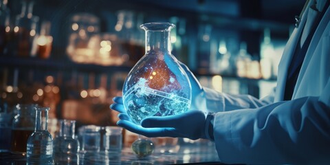 Close up of scientist holding beaker at laboratory