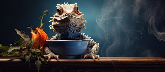 Bearded dragon poses on pot Copy space image Place for adding text or design