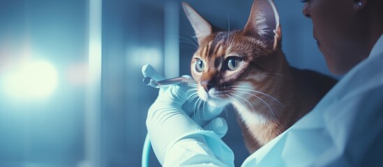 An Abyssinian cat with a collar gets a pill from a caring vet wearing gloves for proper treatment...