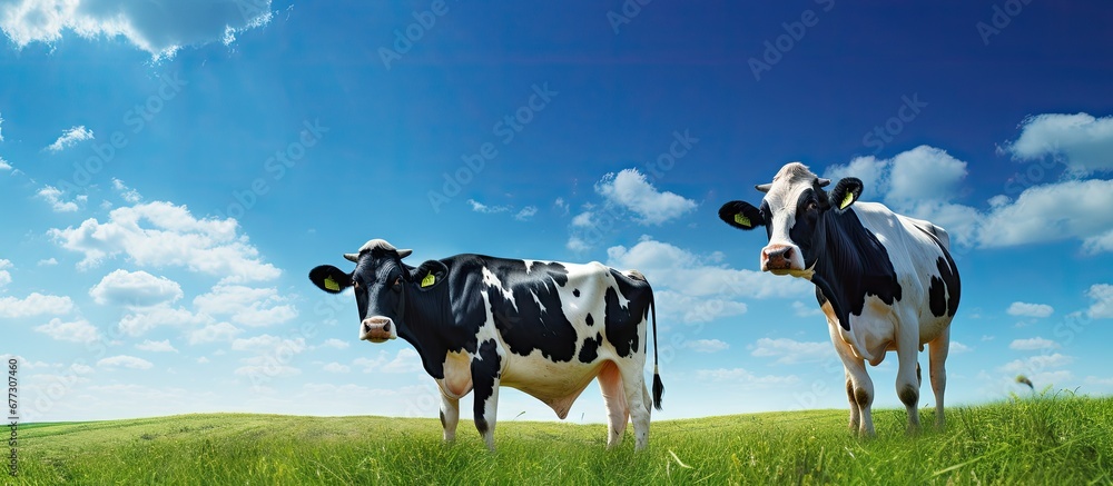 Poster 2 cows of different colors grazing together in a green field under a blue sky copy space image place