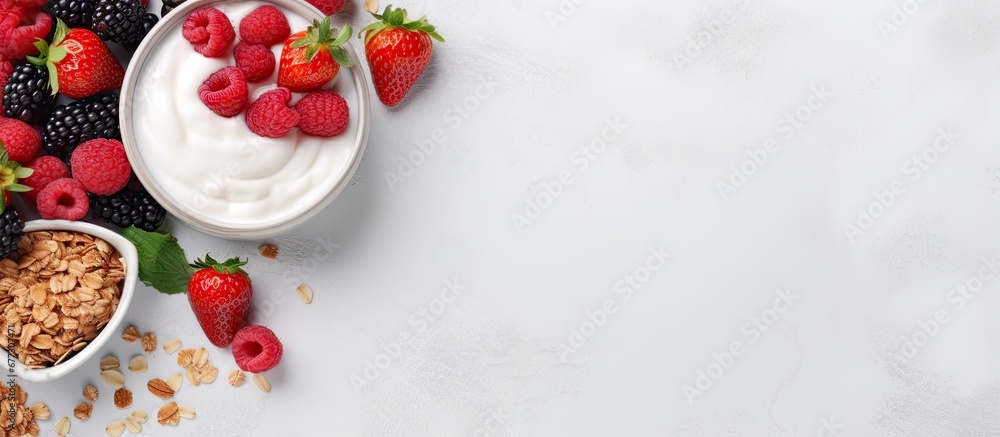 Poster breakfast with yogurt granola and fresh berries close up top view horizontal copy space image place 