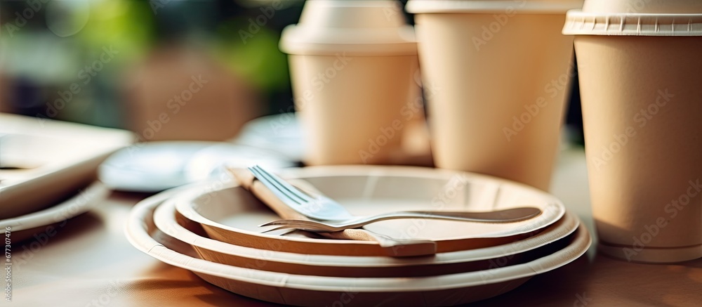 Poster biodegradable paper tableware with recycling symbol on plate close up shot copy space image place fo