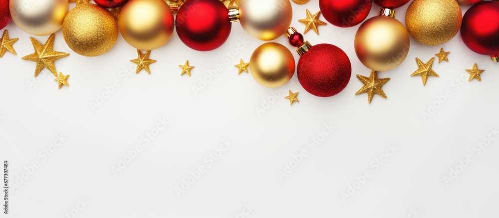 Poster christmas themed still life featuring red and gold decor on a white background overhead shot with em