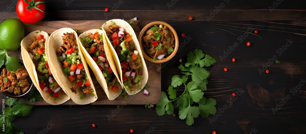 Aufkleber chicken and veggie mexican taco from above copy space image place for adding text or design