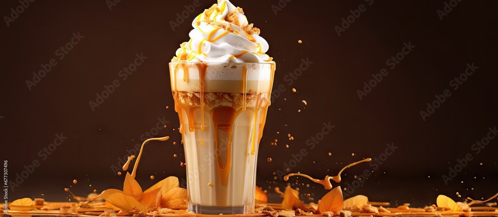 Poster caramel topped pumpkin pie shake with cream copy space image place for adding text or design