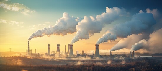 Air pollution resulting from smoke emitted by factory chimneys during cold mornings poses an ecological concern Copy space image Place for adding text or design