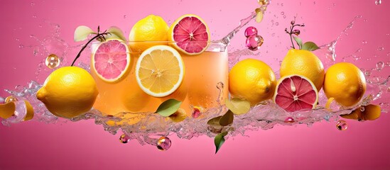 Abstract fruity drink poster with organic elements on pink background Copy space image Place for adding text or design
