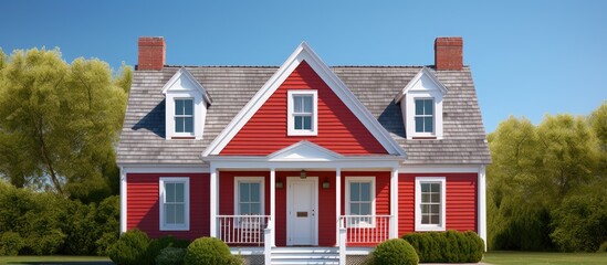 Cape Cod home with 3 dormers red door Copy space image Place for adding text or design - obrazy, fototapety, plakaty