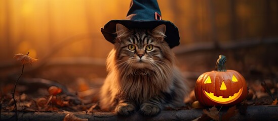 Autumn forest backdrop with a tabby cat in wizard hat green eyes sitting on colorful leaves by a glowing pumpkin Halloween idea Copy space image Place for adding text or design