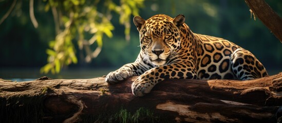 A Jaguar rests on a tree by the Tambopata river in the Peruvian Amazon Copy space image Place for...