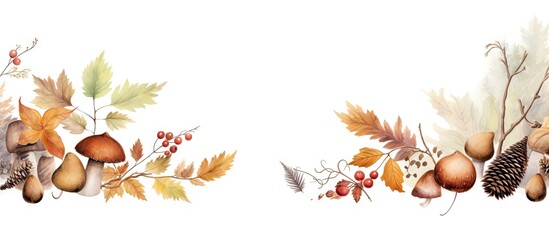 Autumn forest pattern with watercolor elements Themes include animals leaves branches acorns mushrooms and rowan Background for fall Copy space image Place for adding text or design - obrazy, fototapety, plakaty
