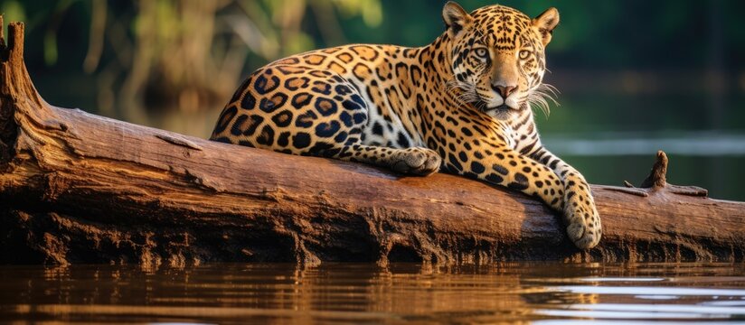 A Jaguar rests on a tree by the Tambopata river in the Peruvian Amazon Copy space image Place for adding text or design