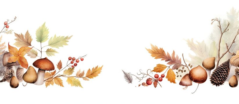 Autumn forest pattern with watercolor elements Themes include animals leaves branches acorns mushrooms and rowan Background for fall Copy space image Place for adding text or design