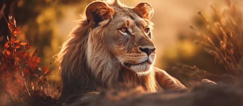 African lion king portrayed in warm light in its natural habitat representing African wildlife Copy space image Place for adding text or design