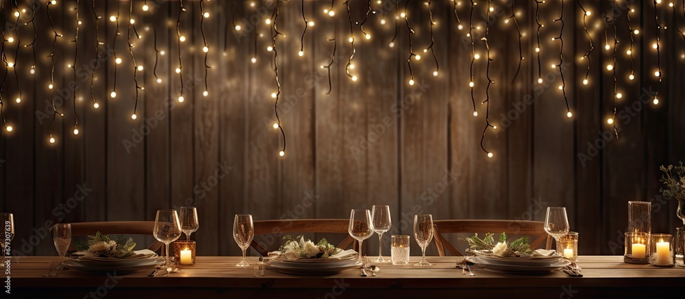 Poster Bistro lit wedding table arrangement Copy space image Place for adding text or design