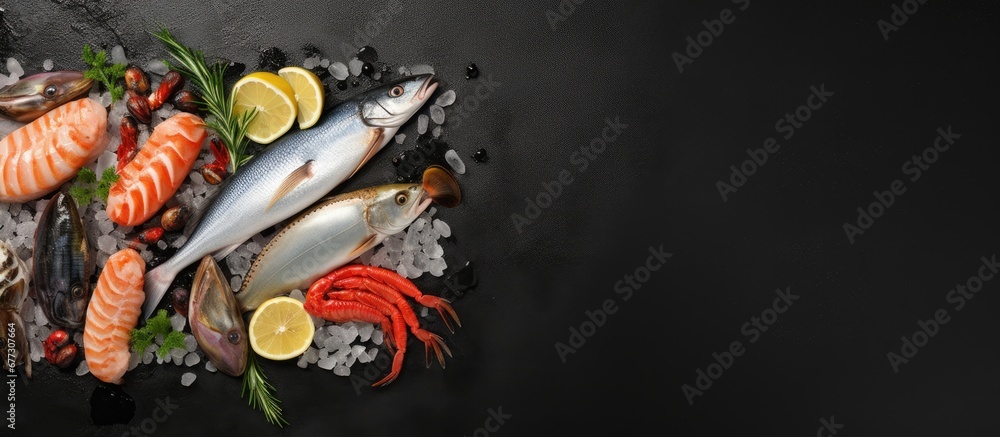 Poster assorted fresh raw seafood on black slate top view with copy space copy space image place for adding