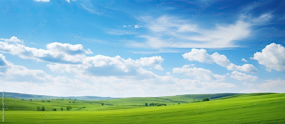 Sticker Beautiful countryside in Ukraine Europe Summertime nature photo of lush green pastures and clear blue sky Explore Earth s beauty Copy space image Place for adding text or design