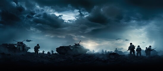 Battle scene depicting soldiers fighting below a foggy sky with an emphasis on armored vehicles Copy space image Place for adding text or design - obrazy, fototapety, plakaty