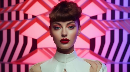 Futuristic fashion portrait, retro style woman, pink geometric background
