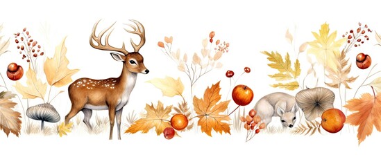 Autumn forest pattern with watercolor elements Themes include animals leaves branches acorns mushrooms and rowan Background for fall Copy space image Place for adding text or design - obrazy, fototapety, plakaty