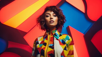 Retro style girl, futuristic style in fashion, woman with curly hair on neon background