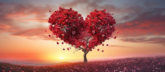 Beautiful spring landscape with a red heart shaped tree at sunset providing a romantic backdrop for Valentine s Day Copy space image Place for adding text or design - obrazy, fototapety, plakaty