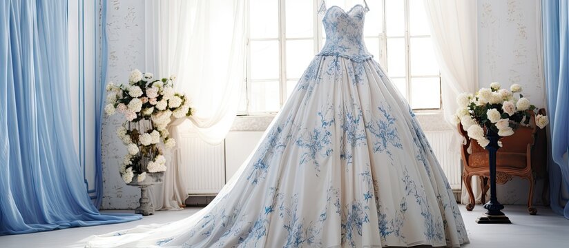 Bride s room holds ideal wedding dress with full skirt and blue curtains Copy space image Place for adding text or design