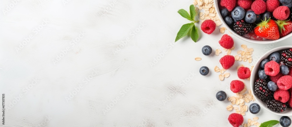 Poster breakfast with yogurt granola and fresh berries close up top view horizontal copy space image place 