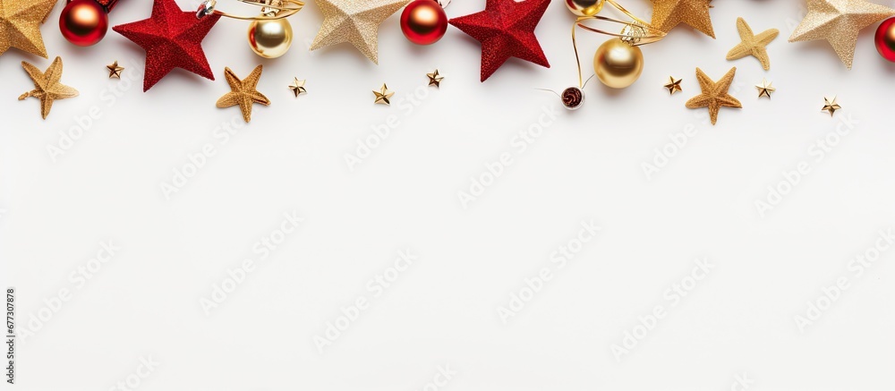 Poster christmas themed still life featuring red and gold decor on a white background overhead shot with em
