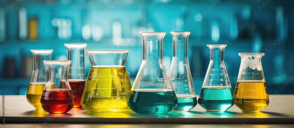 Poster chemical containing lab glassware studying chemistry copy space image place for adding text or desig